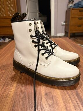 Dr. Martens White Leather Lace-Up Combat Boots with Black Laces